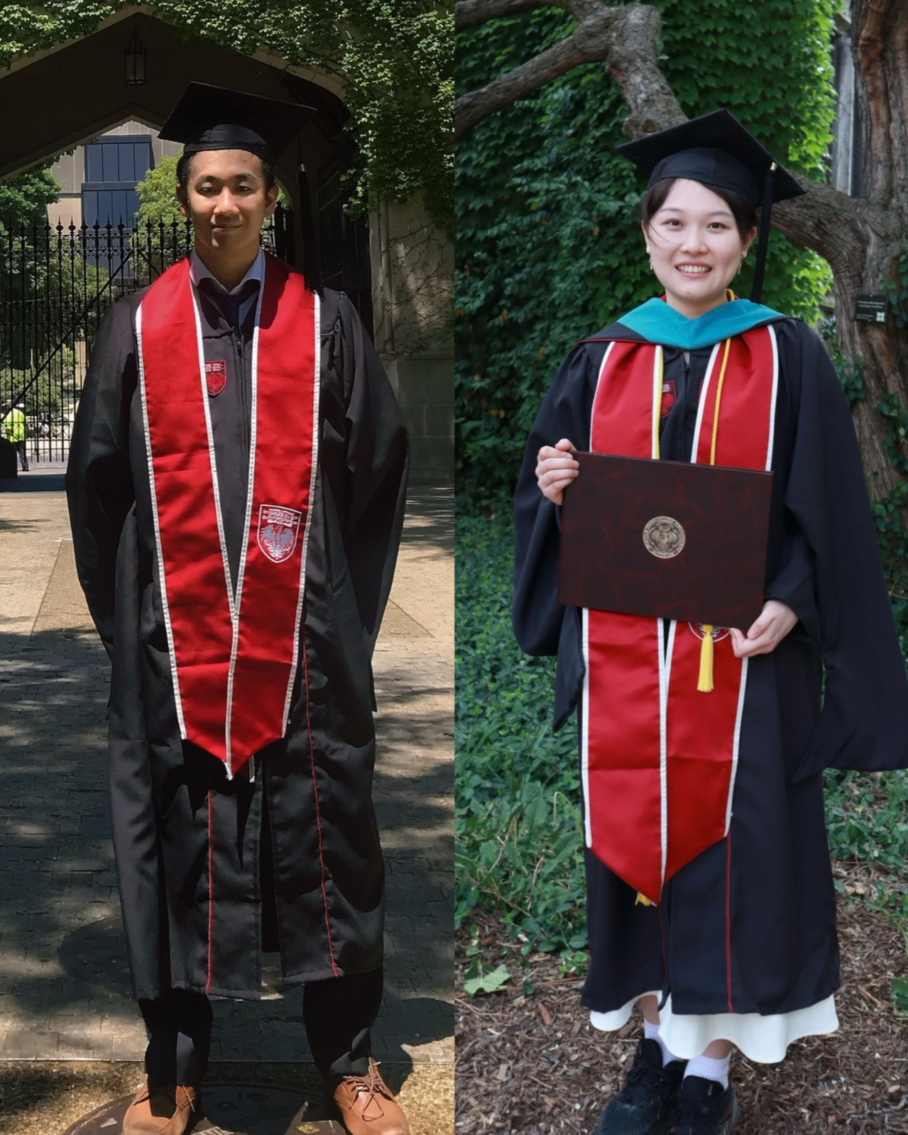 Two graduation portraits side by side in cap and gown at the University of Chicago