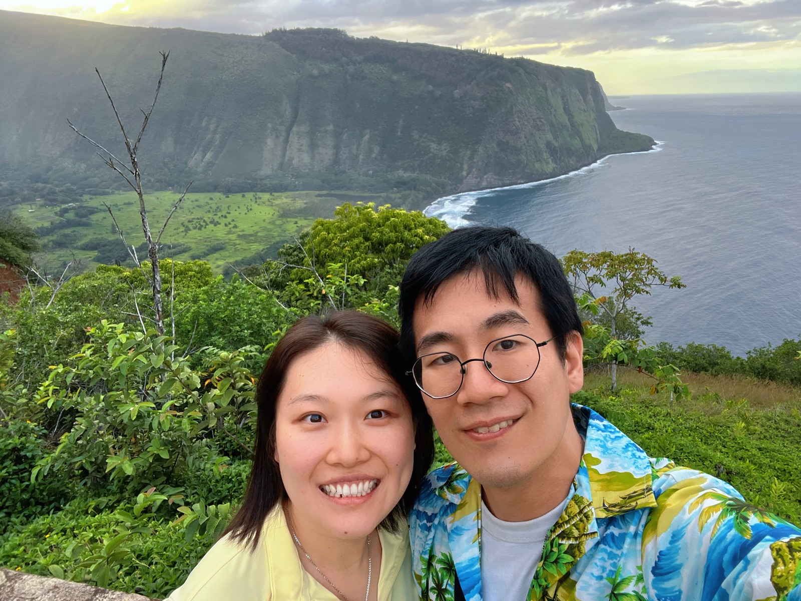 The couple at a green clifftop overlooking the ocean in Hawaii at sunset